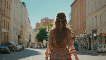 Boho woman walking the sunny city streets with confidence