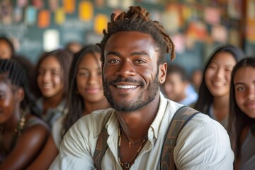 Obraz premium A content man stands confidently, surrounded by a diverse group of smiling friends, exuding happiness and warmth both indoors and outdoors