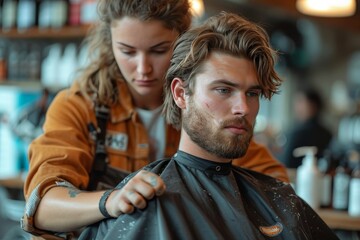 A dapper man sits patiently in a cozy barber shop as the skilled hairdresser expertly trims his locks, revealing a refreshed and confident human face beneath his stylish clothing - obrazy, fototapety, plakaty