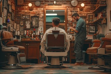 A sharply dressed man waits patiently in a cozy barber shop, surrounded by vintage furniture and the comforting buzz of clippers - obrazy, fototapety, plakaty