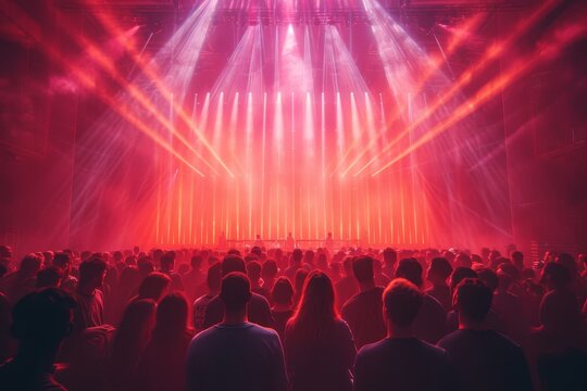 A mesmerizing magenta rave lit up the stage as a crowd of eager people gathered for an unforgettable concert experience, surrounded by pulsing laser lights and captivating music