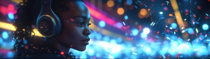serene young woman is lost in music wearing headphones amidst a vibrant and colorful backdrop of bokeh lights at a night event - Powered by Adobe