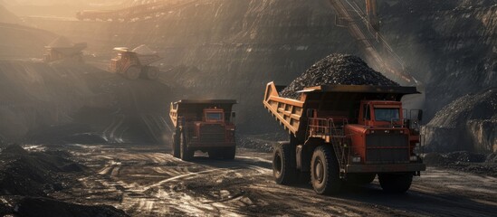 Morning operations of coal mines involving large trucks transporting coal and waste material.
