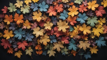 Autumnal plant leaves in different shapes and colors lined up next to each other