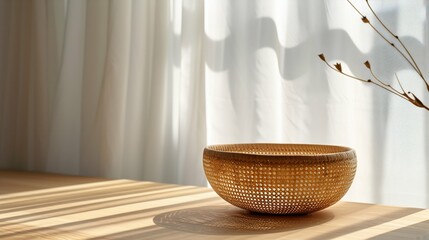 Woven Basket on Wooden Table in Sunlit Room. Generative ai