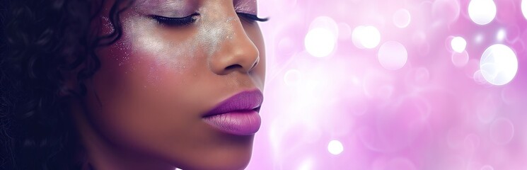 close-up image captures a serene woman with glittering purple eye shadow and closed eyes, set against a soft-focus background filled with purple bokeh lights