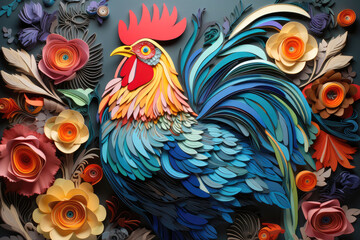 Layered paper art. Creative design of colorful beautiful cockerel in blue and red tones, in the style of quilling with flowers around - obrazy, fototapety, plakaty