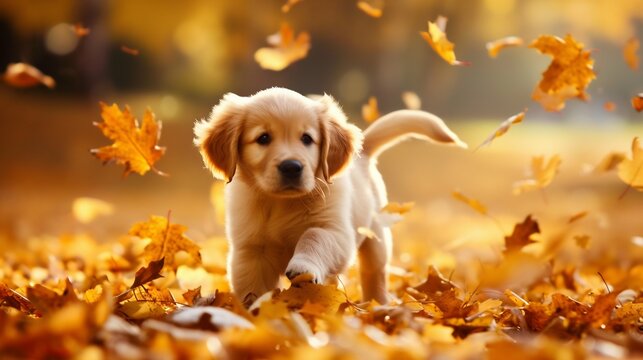 Puppy Enjoying Autumn Leaves. Generative ai