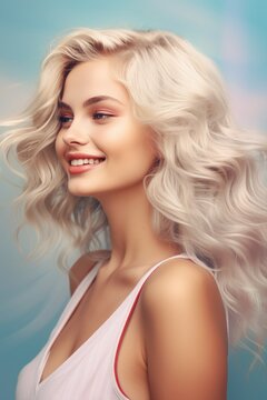young beautiful stylish woman with shoulder length wavy blond hair in a surf style and a smile. Retro style portrait