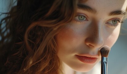 close-up image capturing the detailed expression of a young woman as she carefully applies makeup with a brush, illuminated by the warm, natural light of the golden hour.
