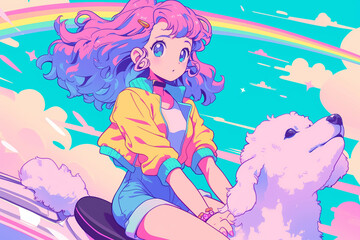 A girl  and dog 80s anime rainbow retro fashion