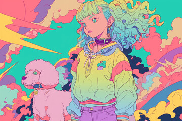 A girl  and dog 80s anime rainbow retro fashion