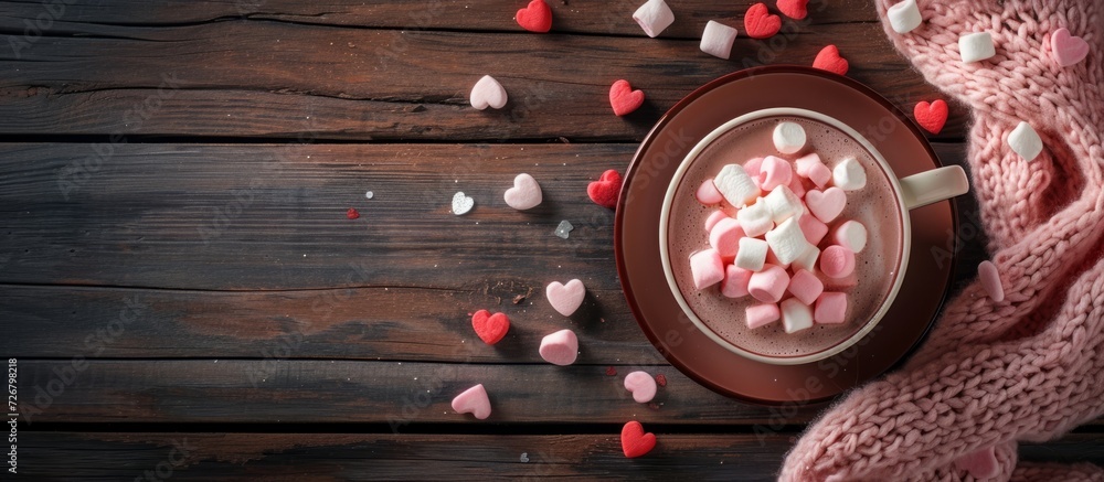 Poster valentine's day concept featuring a cocoa drink with marshmallows and hearts on wooden surface from 