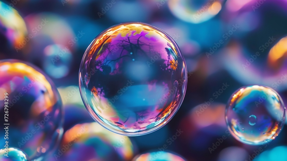 Poster vivid soap bubbles floating with iridescent colors. generative ai