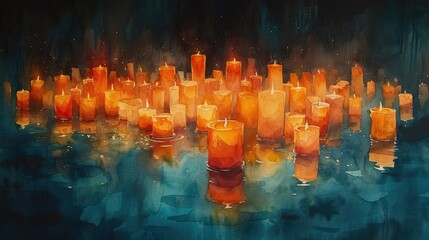 Watercolor painting of a peaceful protest, with a sea of candles lighting up faces of hope and determination