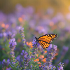 Monarch Butterfly Perched on Wildflowers at Sunset