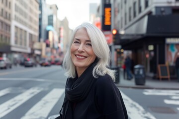 Fototapeta premium Attractive smiling white haired mature woman posing in a city street looking at the camera