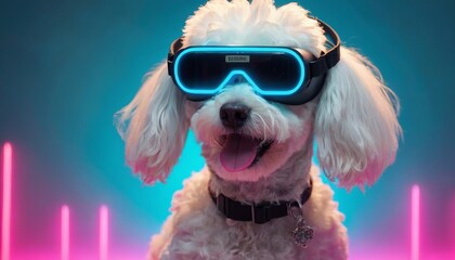 Funny Toy Poodle dog in white colour with VR glasses. Blue Violet colour, Neon bright background in cyberpunk style.