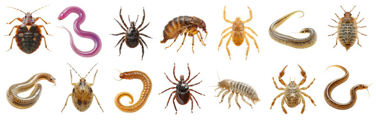 Different bugs and insects collage over isolated transparent background