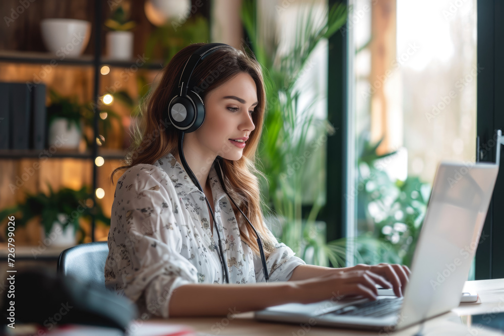 Poster model working on a laptop and a headset in a office with a window