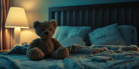 a teddy bear is sitting on a blanket in a bedroom, generative AI