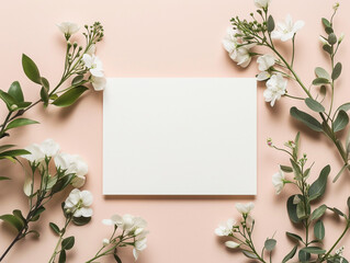 blank card with flowers, top view, pink background. Generative Ai.