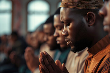 Religious African men praying in congregation in a community space. Close up image