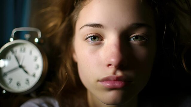 young Caucasian girl, full of spirit and youth, lies restlessly on bed against backdrop of college dorm room. Closeup shows severity of shortterm insomnia, testament to cognitive impairment