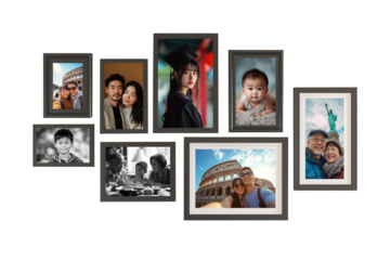 Collection of many photo frames of Asian American family. Isolated over white transparent wall background