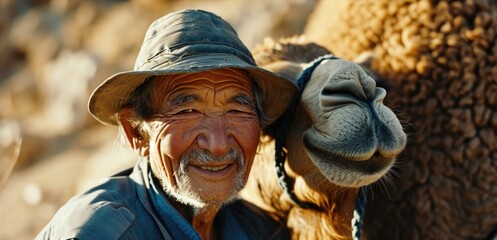 An old man is smiling while holding a camel. Generative AI.
