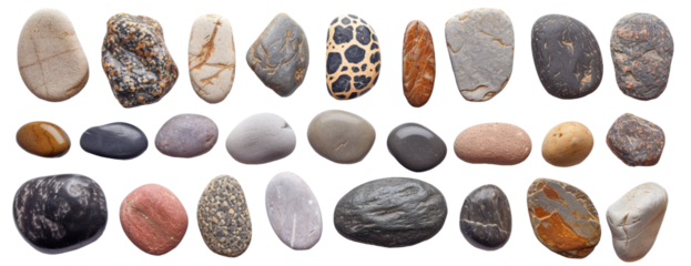 Variety of river stones of different colors and shapes over isolated transparent background