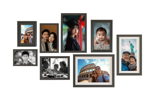 Collection of many photo frames of Asian American family. Isolated over white transparent wall background