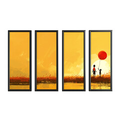 Four thin frames with continuous image of an oil painting with boy playing with balloon. Isolated on white transparent backgorund. Interior design and deco concept