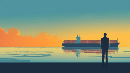 A seafarer looking out at a container ship on the horizon symbolizing the changing landscape of the shipping industry and the need for a skilled and adaptable workforce to