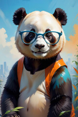 Cute panda in blue sunglasses oil painting illustration. Can be used for prints, posters, patterns, stickers, decorations. Black and blue colors

