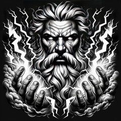 angry greek god tattoo decal with lightning, hammer, smoke