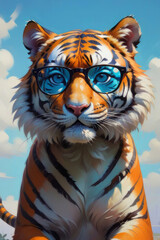 Cute tiger in blue sunglasses oil painting illustration. Can be used for prints, posters, patterns, stickers, decorations. Black and blue colors
