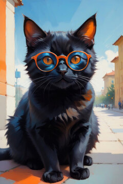 Cute black baby cat in blue sunglasses oil painting illustration. Can be used for prints, posters, patterns, stickers, decorations. Black and blue colors
