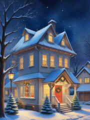 Fototapeta premium cozy, snow-covered house glows with warm light on magical Christmas Eve oil painting for poster, banner. illustration of holiday cheer, tradition, and peaceful spirit of Christmas at home. 