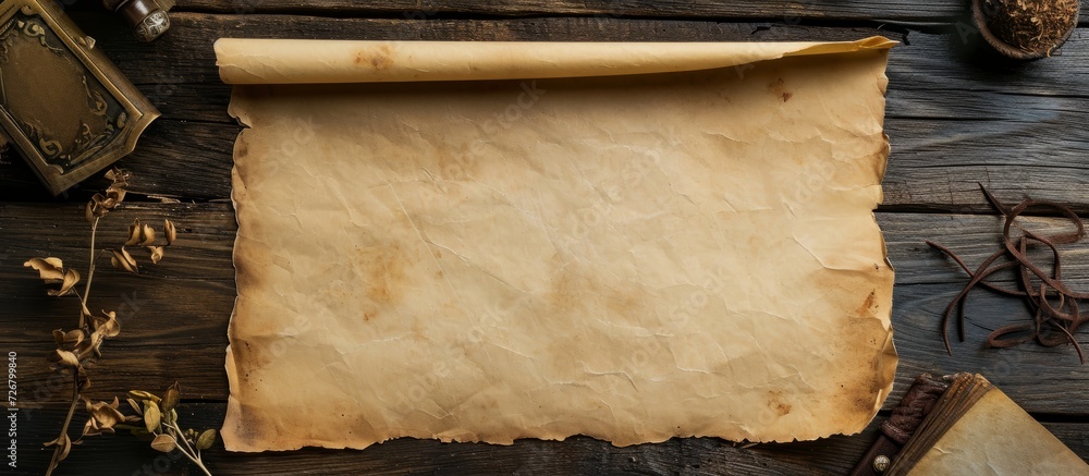 Poster empty parchment on a rustic table