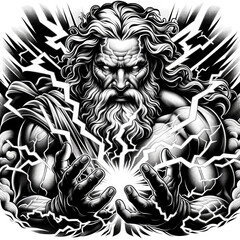 angry greek god tattoo decal with lightning, hammer, smoke