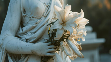 A heavenly figure holding a bouquet of lilies laying them at the base of a statue in remembrance.