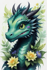Watercolor floral green 3d dragon illustration. Can be used for prints, posters, patterns, stickers, decorations. Green and pink colors

