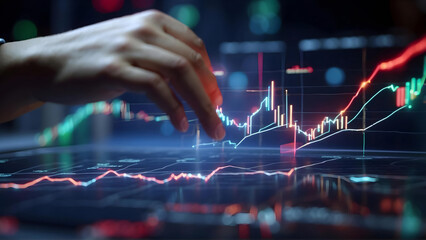 Stock market, business, finance and investment analysis. Financial analyst analyzes stock market trading charts, economic growth charts, planning and strategy with financial reports, on virtual screen