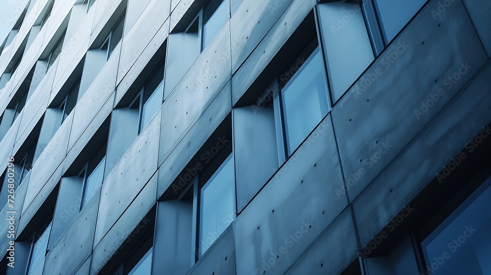 Poster Abstract diagonal pattern background of shading fin concrete with blue sky reflection on glass windows surface of modern high residential building in the city : Generative AI