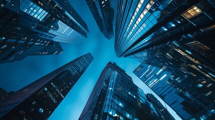 Panoramic and perspective wide angle view to steel blue background of glass high rise building skyscrapers in modern futuristic downtown at night : Generative AI