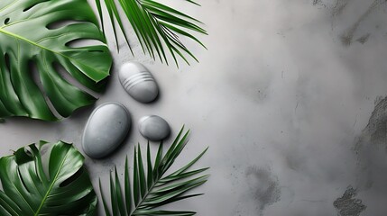 Grey spa background, spa concept, palm leaves and grey stones, top view. : Generative AI