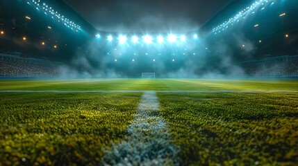 Sports stadium with a lights background, Textured soccer game field with spotlights fog midfield Concept of sport, competition, winning, action, empty area for championships, studio ro : Generative AI