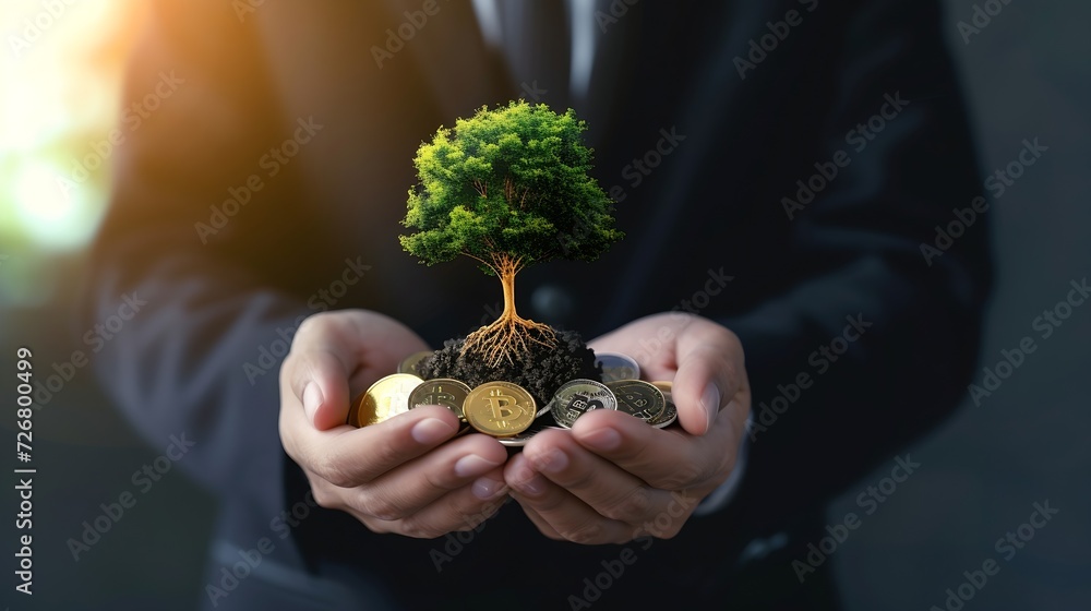 Poster a businessman holding a coin with a tree that grows and a tree that grows on a pile of money. the id