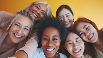 Obraz premium Diversity, portrait selfie and business women teamwork, global success or group empowerment in office leadership. Social media career of asian, black woman and senior people or staff p : Generative AI